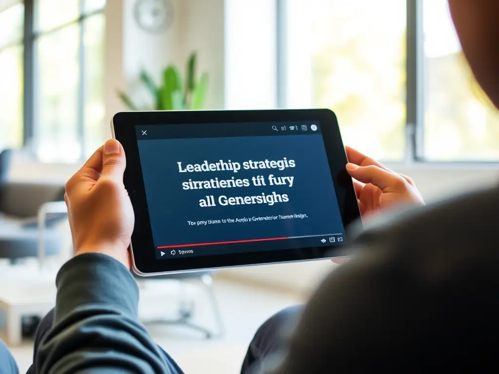 A person is watching a video on a tablet, the video is about leadership strategies for Generators in Human Design.