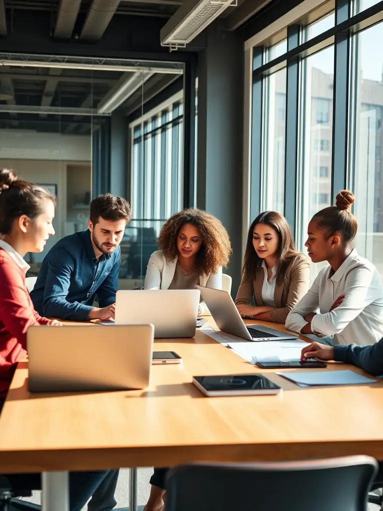 A diverse group of professionals collaborating in a modern office setting, symbolizing the collective growth and leadership development facilitated by Leading with Human Design.