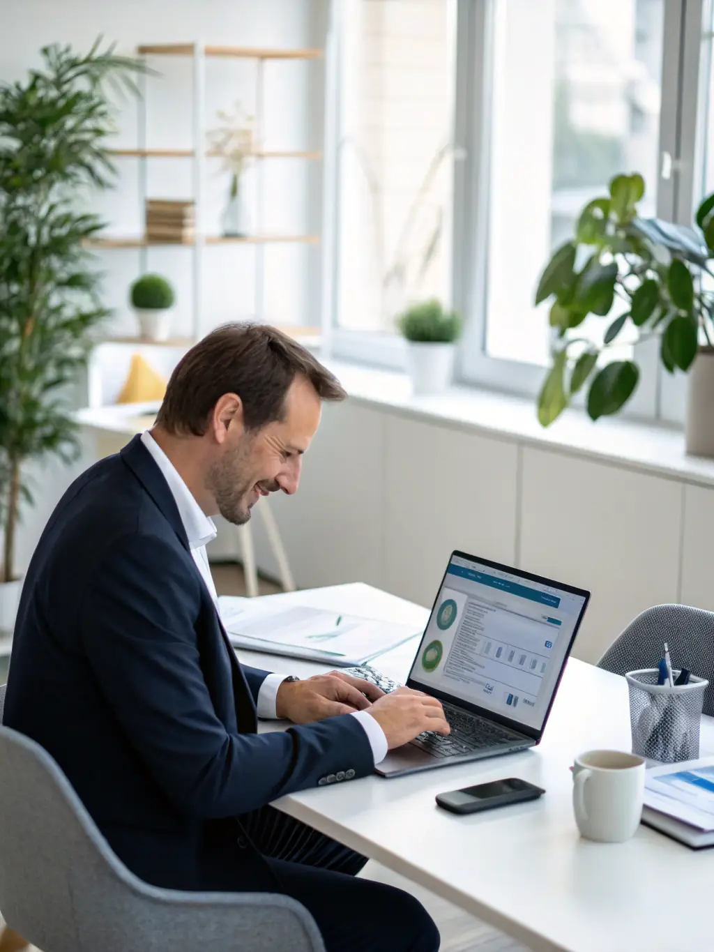 An image of a chatbot interface with a friendly AI avatar engaging with a user on a laptop screen, representing the AI Leadership Coach service.